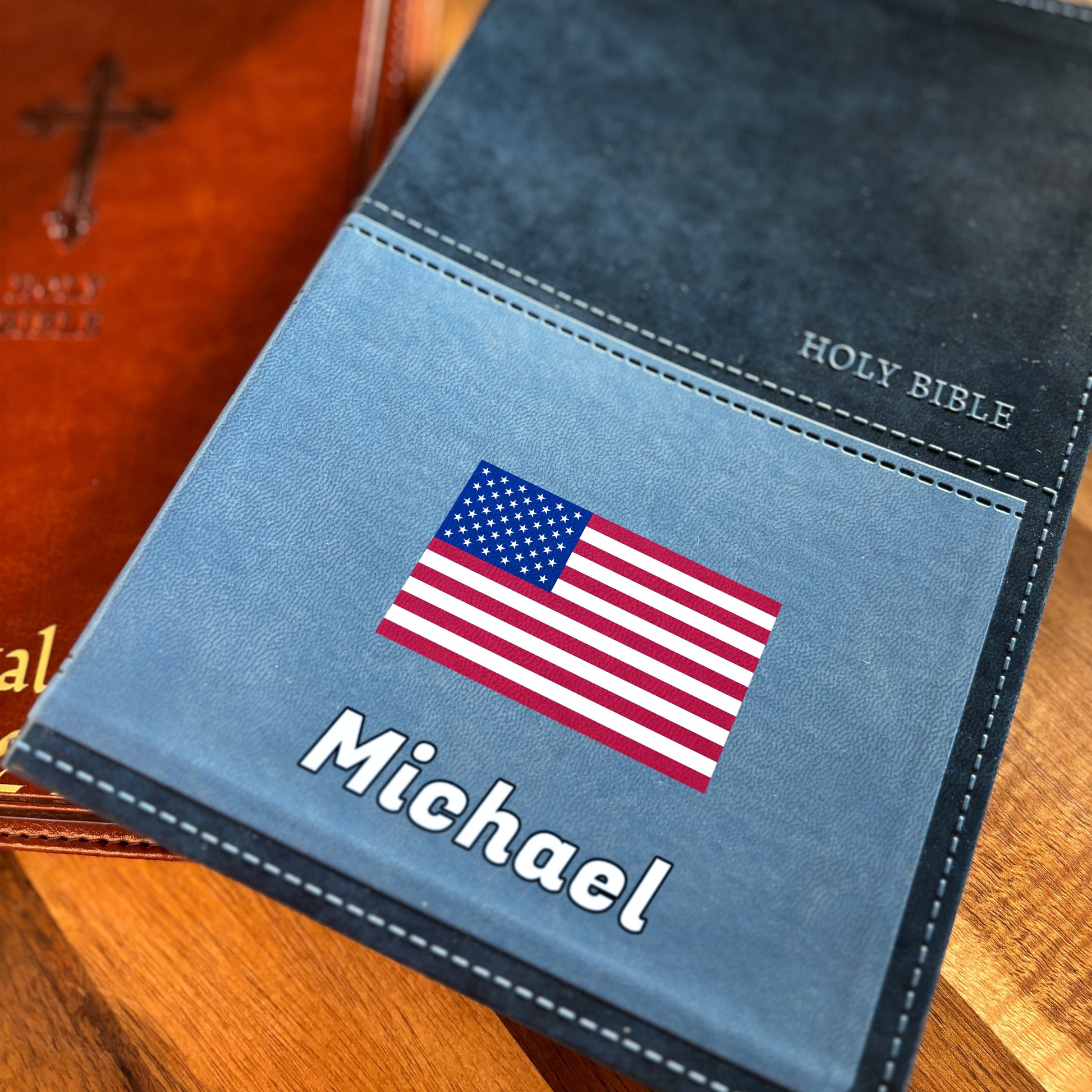 Personalized KJV Bible Navy Thinline - Red Letter - USA Patriotic Flag