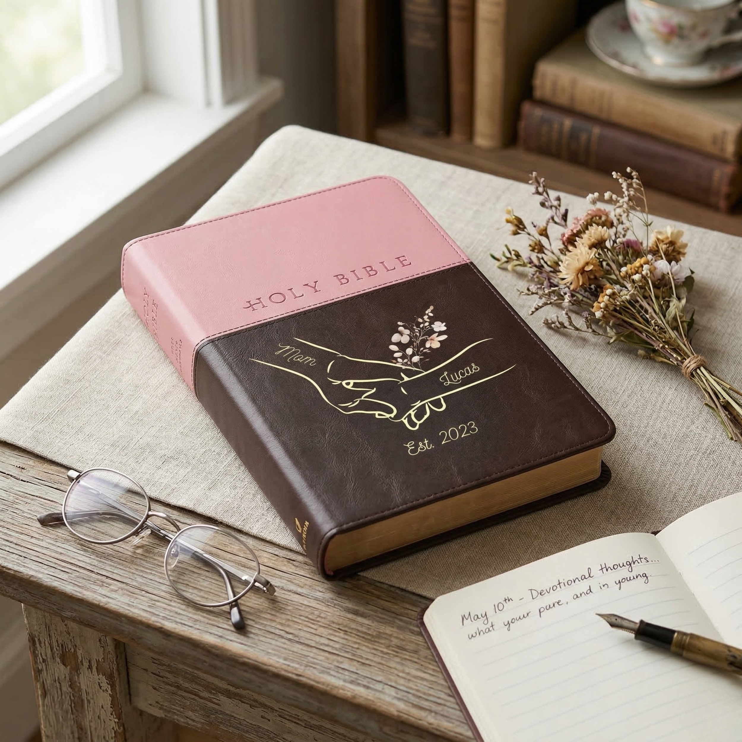Personalized Mother's Day NLT Bible Dark Brown/Pink Tu Tone - Red Letter, Filament Enabled - Mom Design