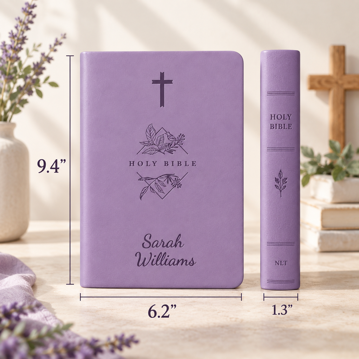 Personalized NLT Lavender Thinline Bible - Large Print, Filament Enabled - Engraved Cross Frame