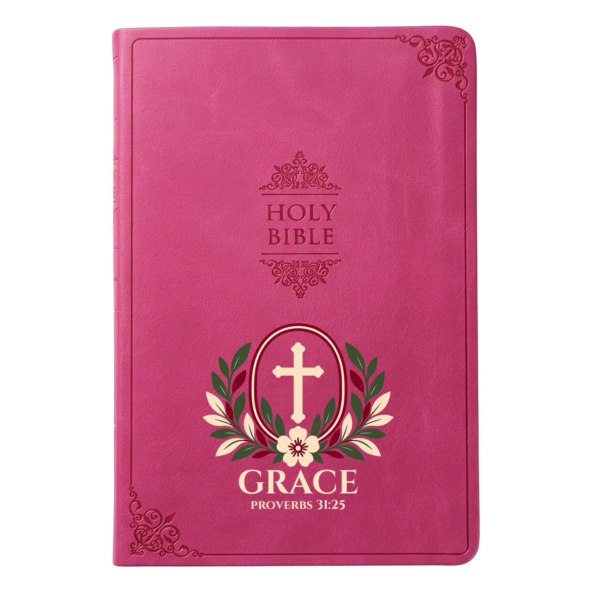 Personalized NIV Bible Large Print - Pink Thinline - Floral Wreath Design