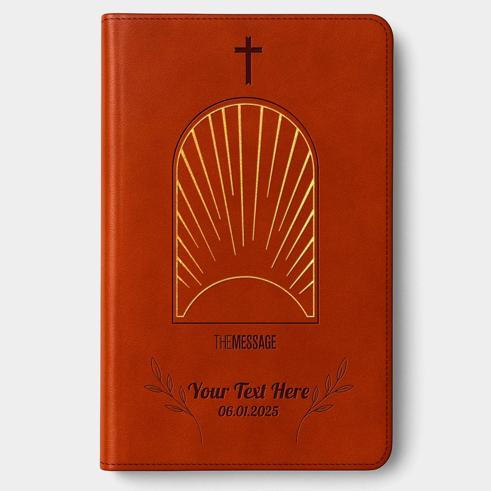 Personalized The Message Sunrise British Tan Thinline Bible - Engraved Cross Frame