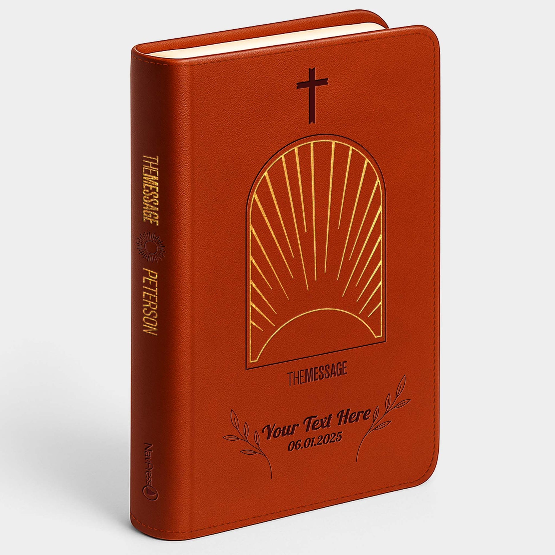 Personalized The Message Sunrise British Tan Thinline Bible - Engraved Cross Frame