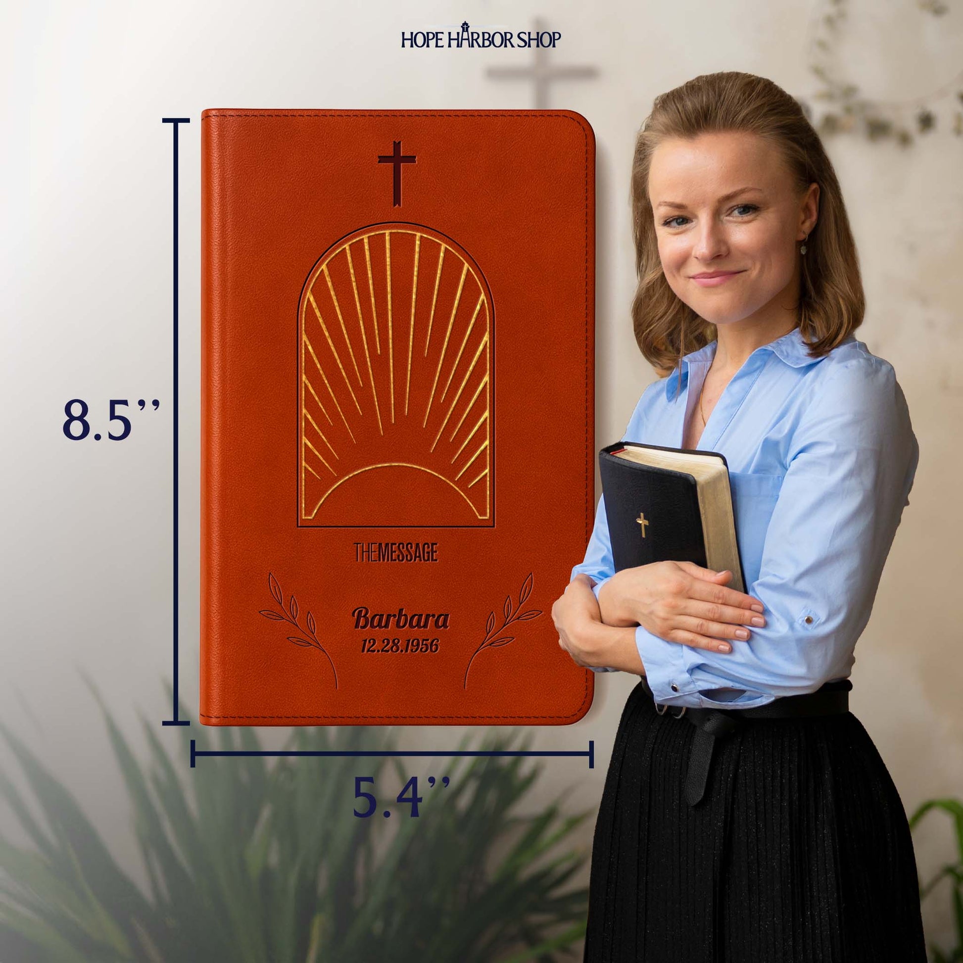 Personalized The Message Sunrise British Tan Thinline Bible - Engraved Cross Frame