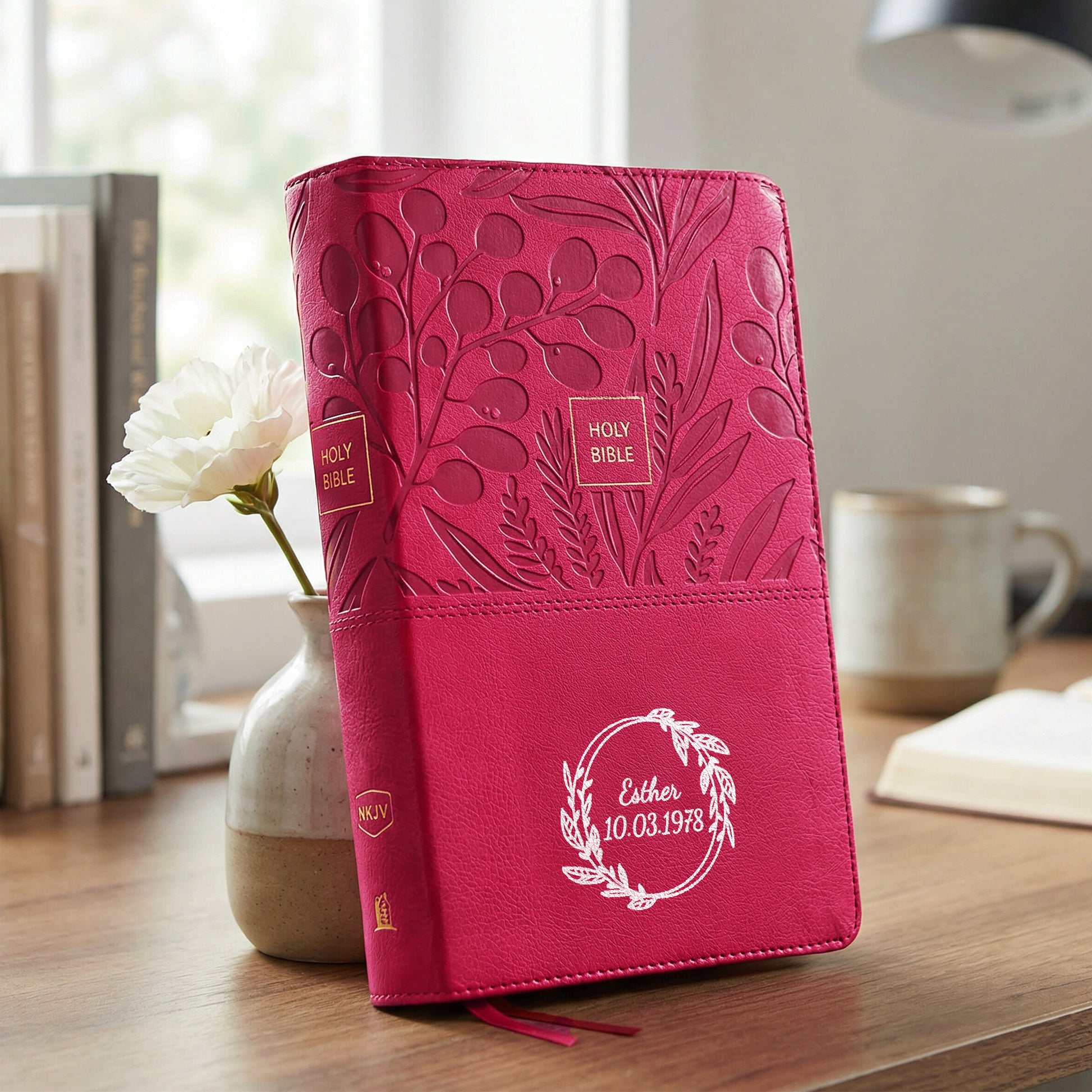 Personalized NKJV Large Print Pink Reference Bible - Red Letter - Cross Frame