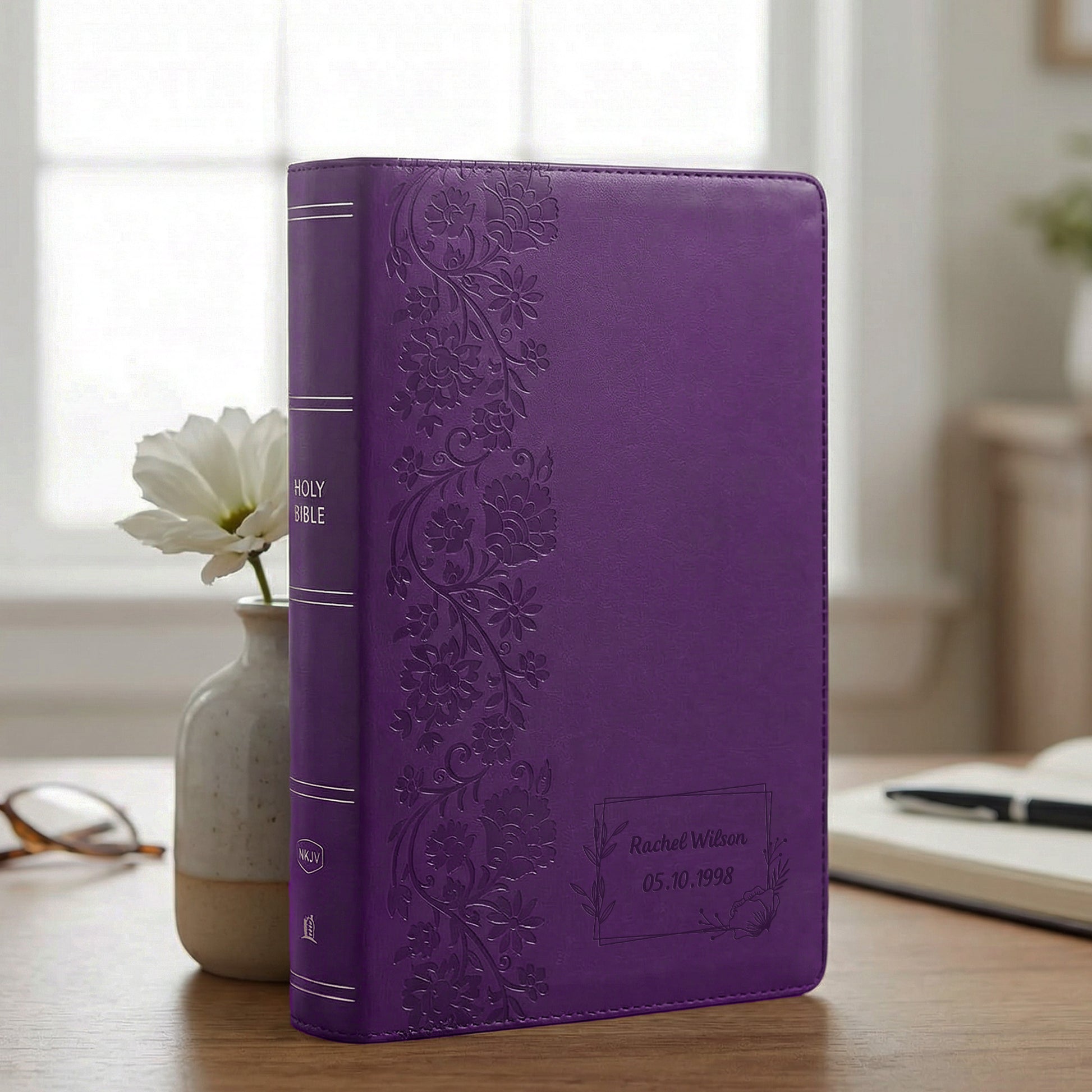 Personalized NKJV Large Print Purple Reference Bible - Red Letter - Engraved Cross Frame