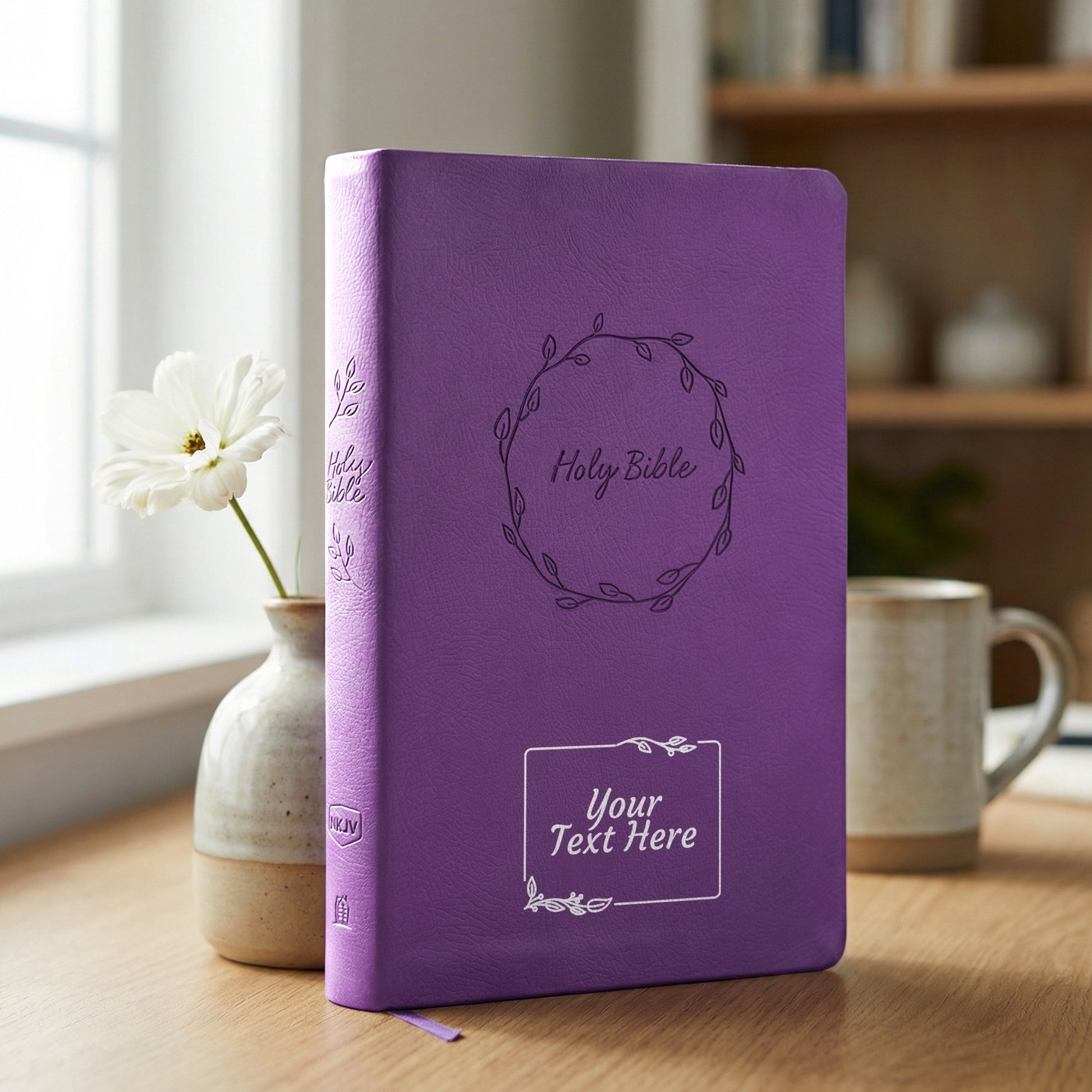 Personalized NKJV Large Print Purple Value Thinline Bible - Red Letter - Floral Frame