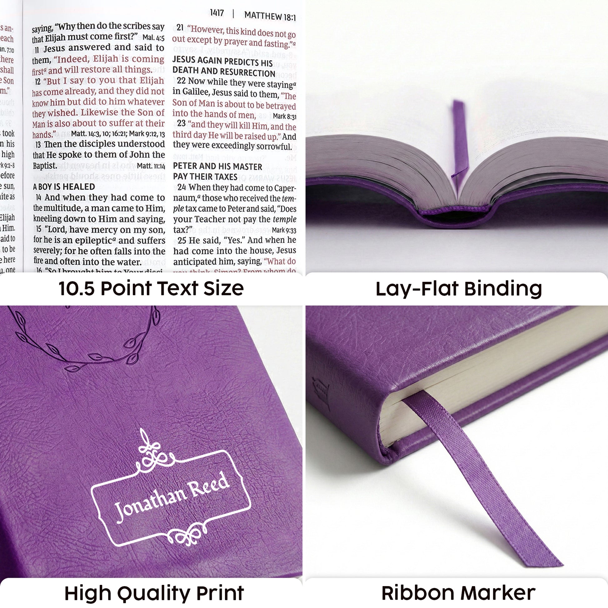 Personalized NKJV Large Print Purple Value Thinline Bible - Red Letter - Floral Frame
