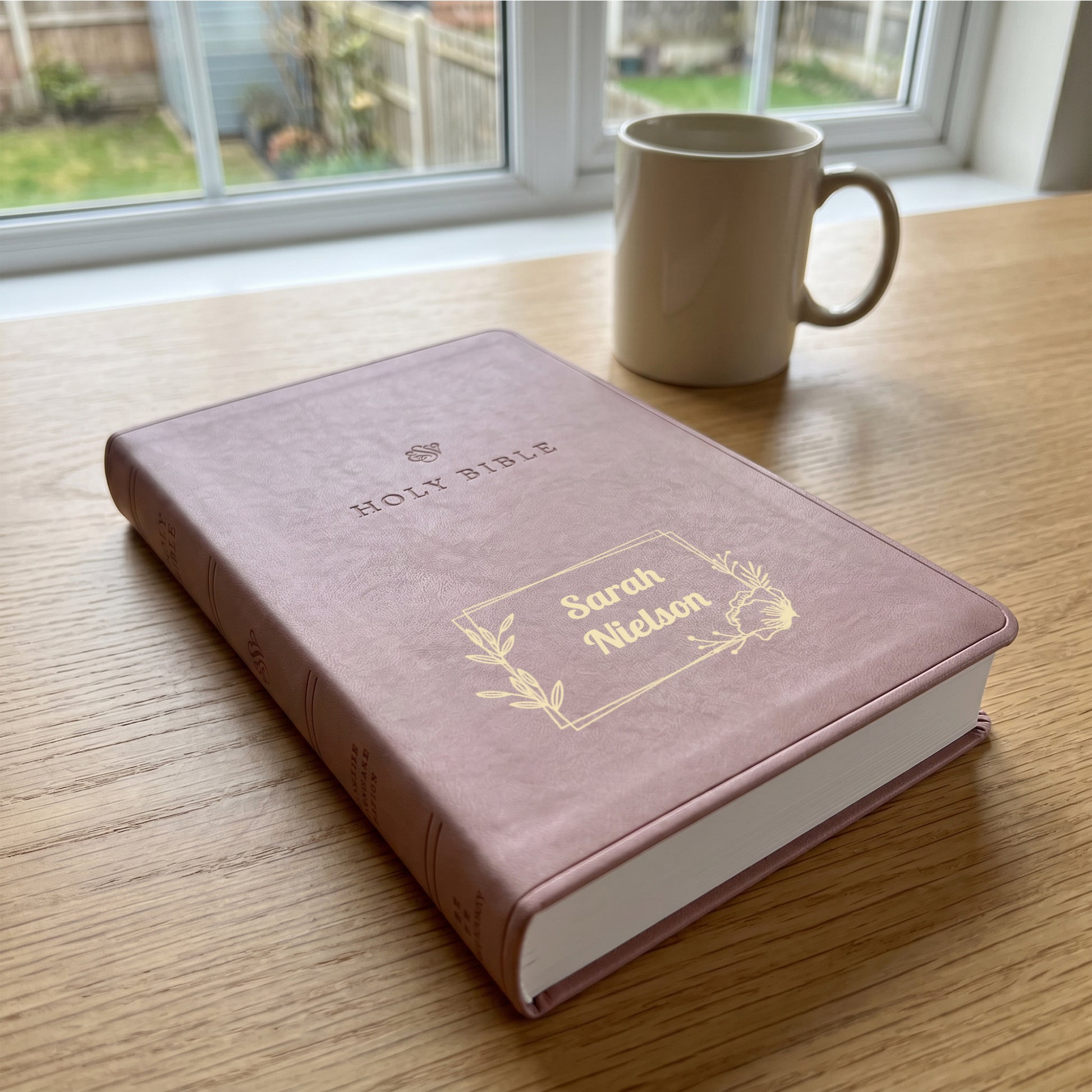 Personalized ESV Blush Rose Bible - Cross Frame