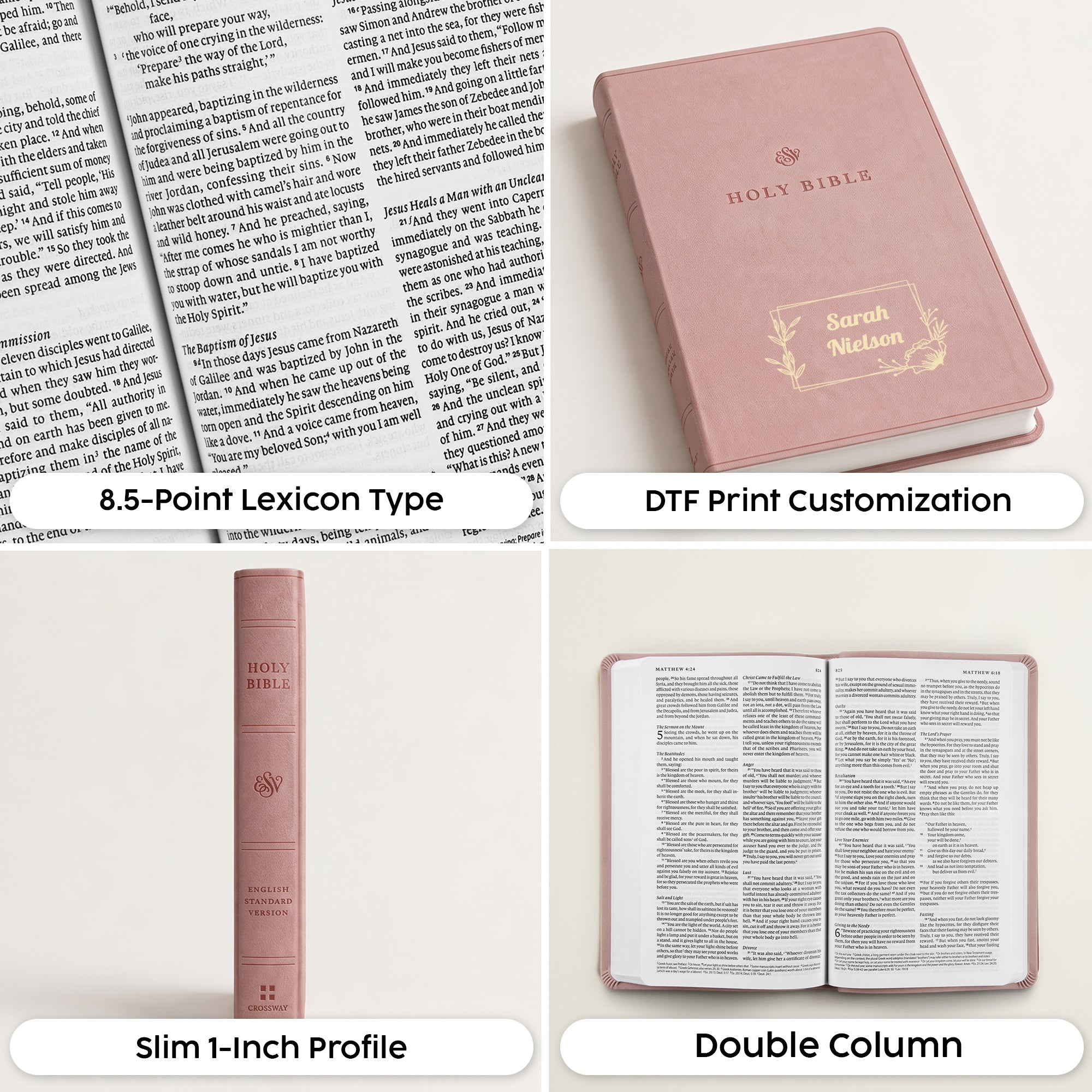Personalized ESV Blush Rose Bible - Cross Frame