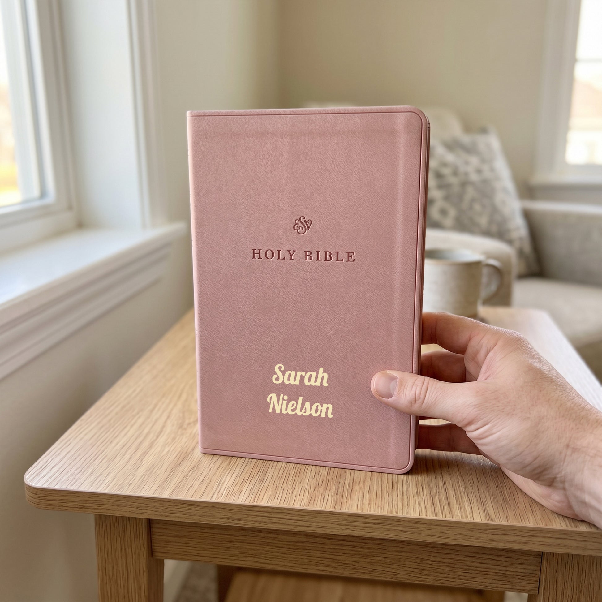 Personalized ESV Blush Rose Bible - Cross Frame