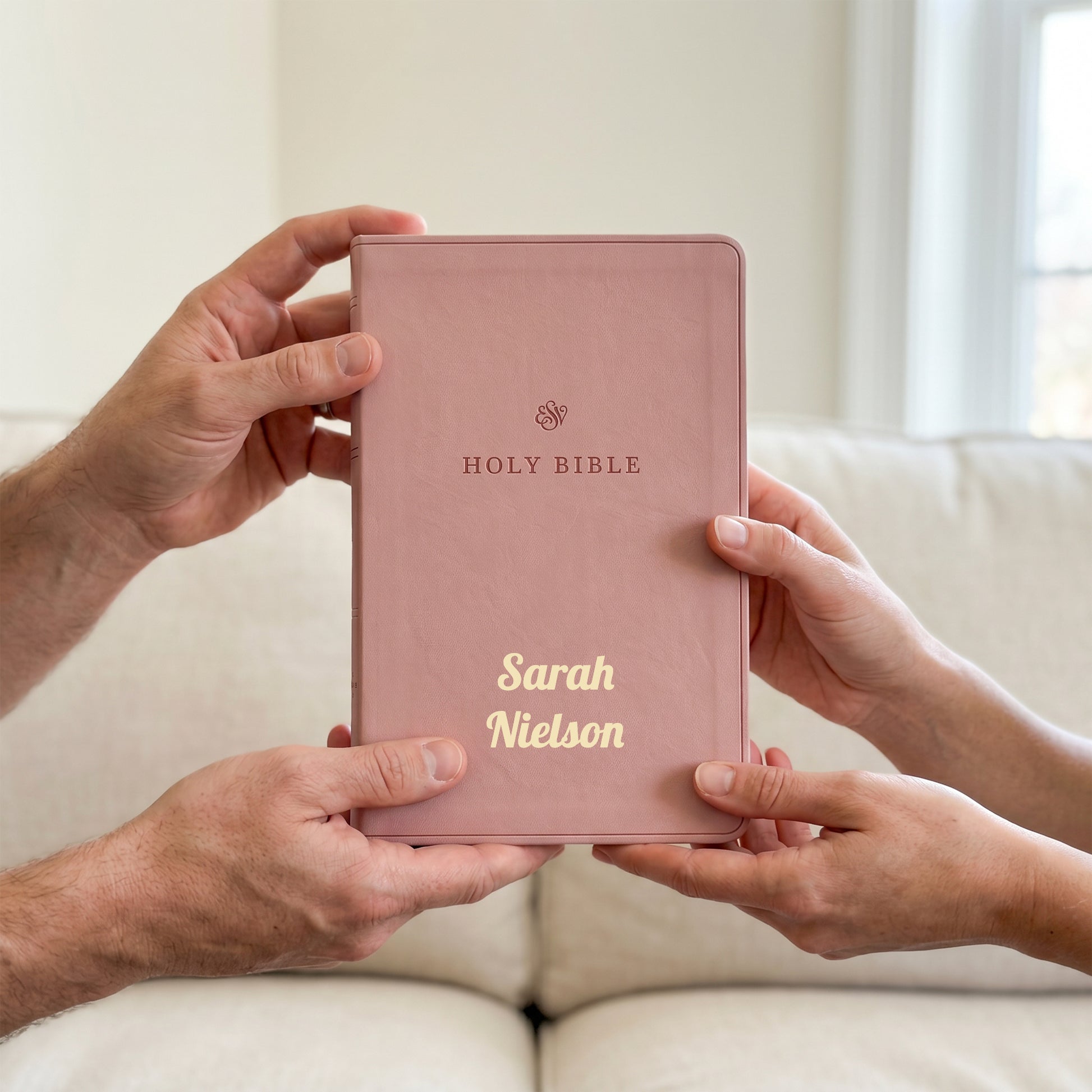 Personalized ESV Blush Rose Bible - Cross Frame