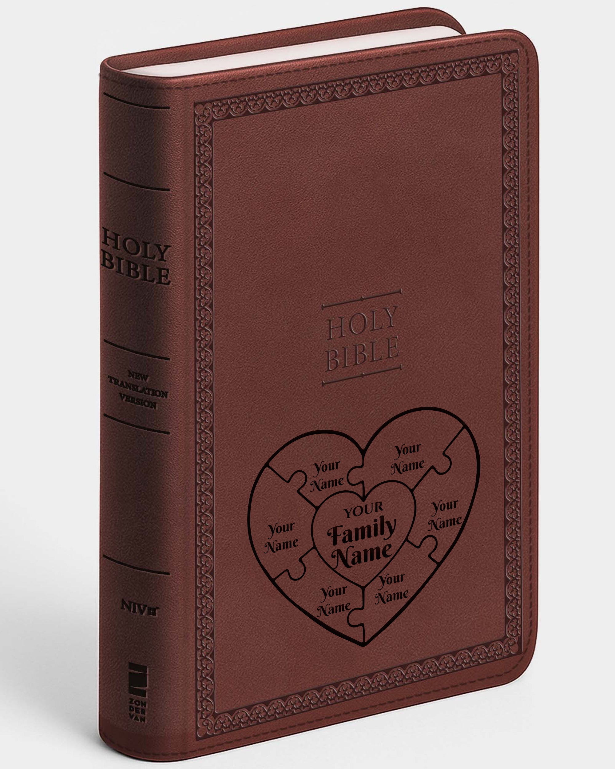 Personalized NIV Bible Brown Value Thinline - Engraved Family Heart Puzzle