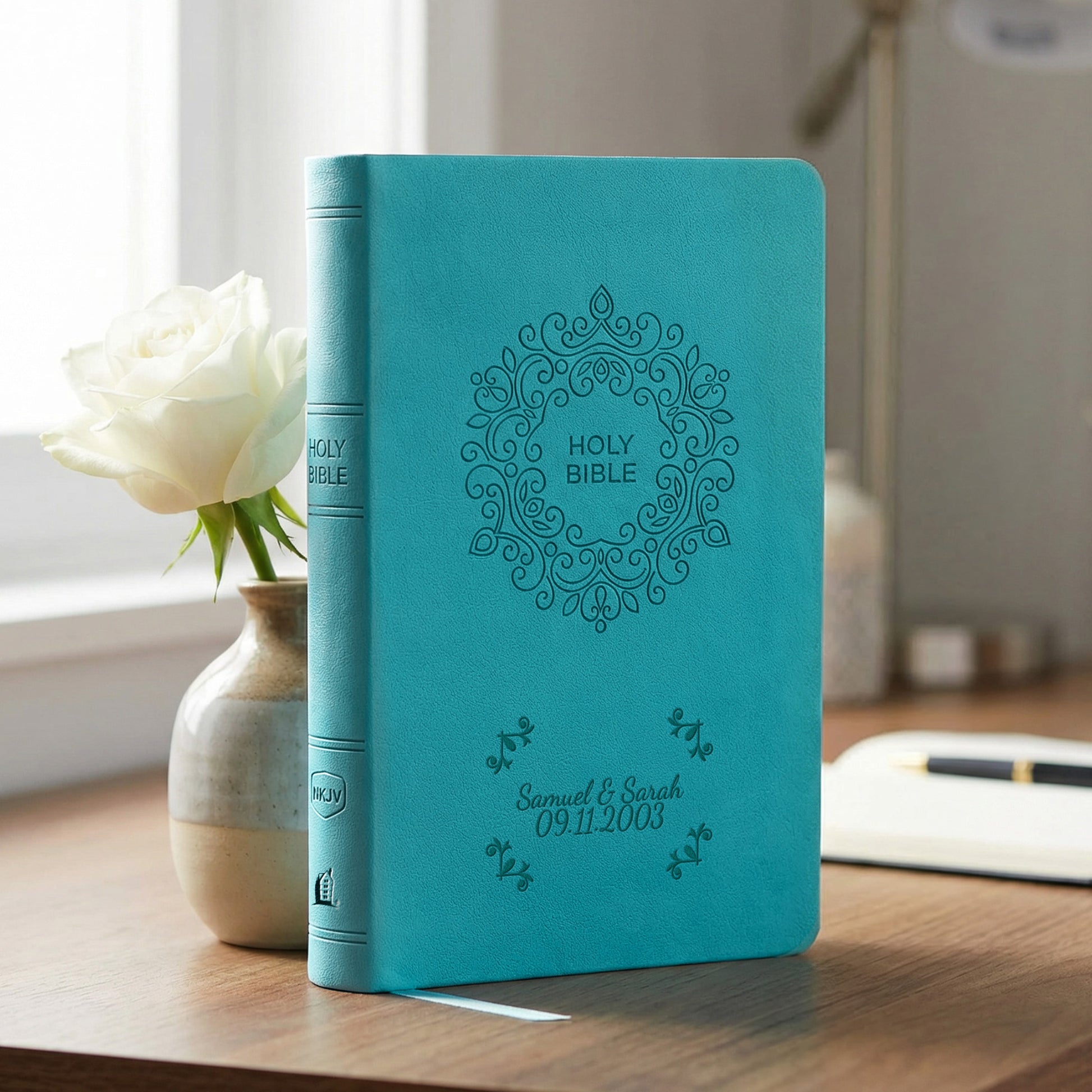 Personalized NKJV Large Print Turquoise Value Thinline Bible - Red Letter - Engraved Floral Frame