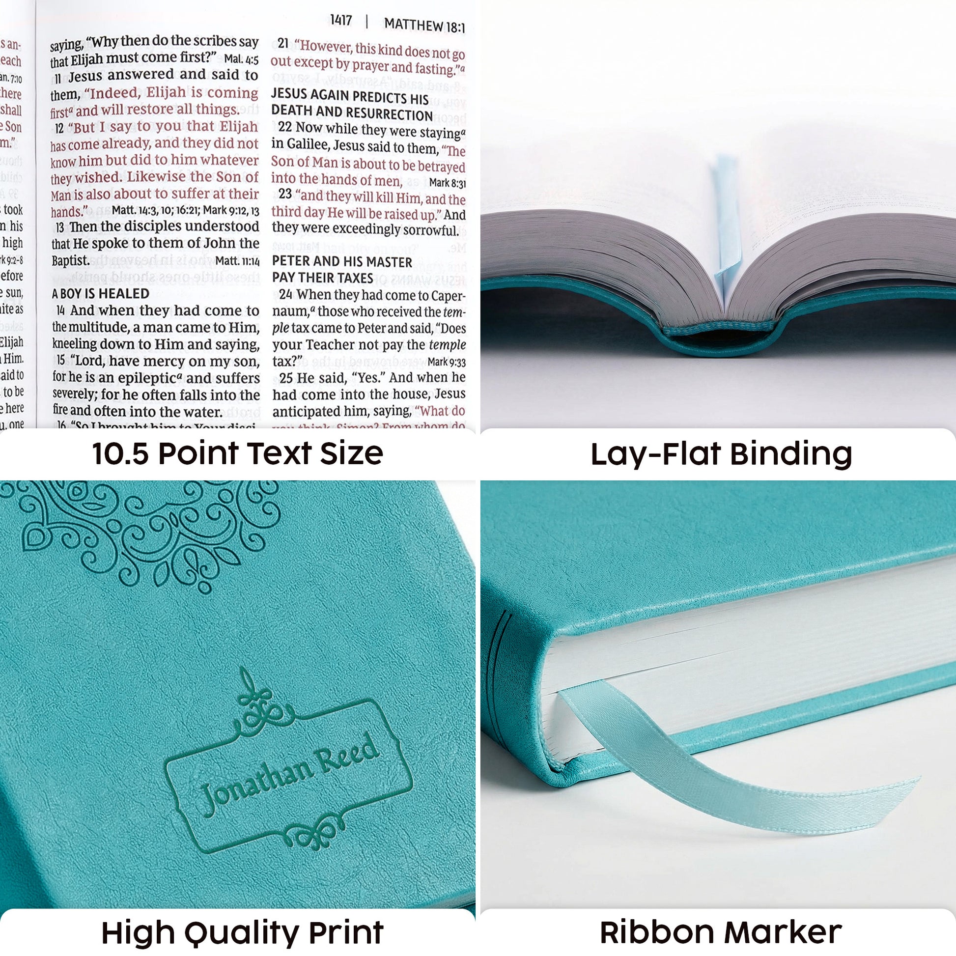 Personalized NKJV Large Print Turquoise Value Thinline Bible - Red Letter - Engraved Floral Frame