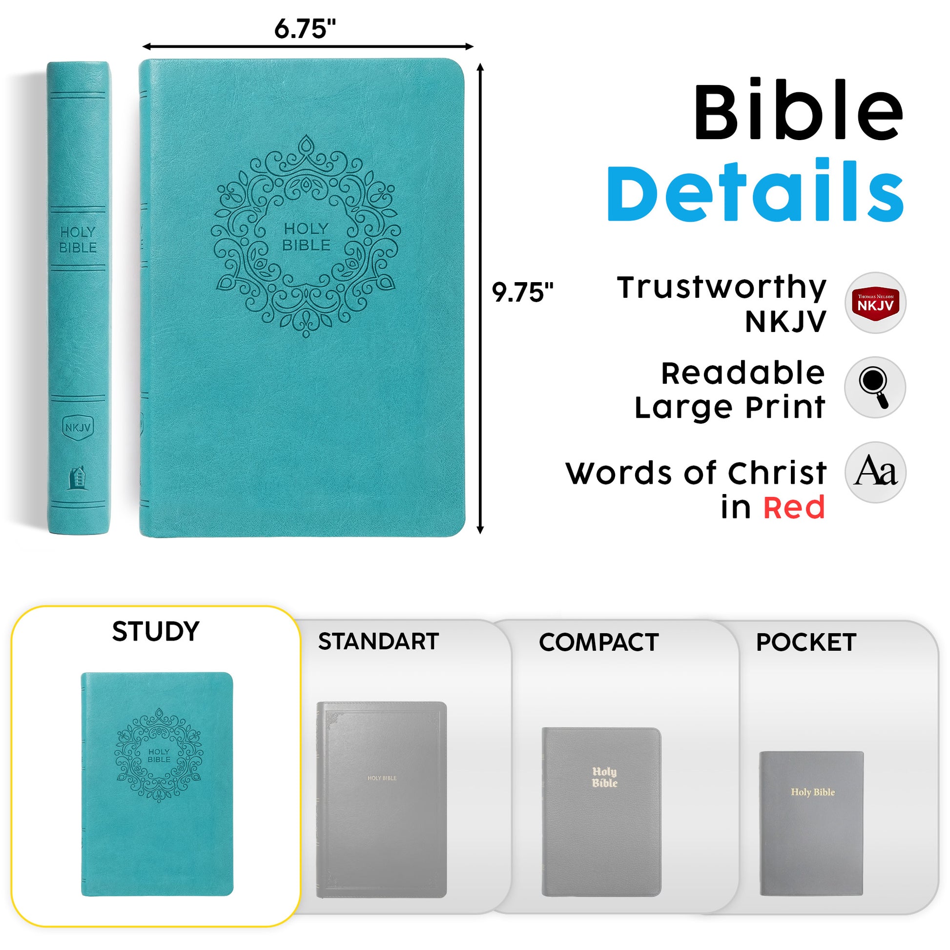 Personalized NKJV Large Print Turquoise Value Thinline Bible - Red Letter - Engraved Floral Frame